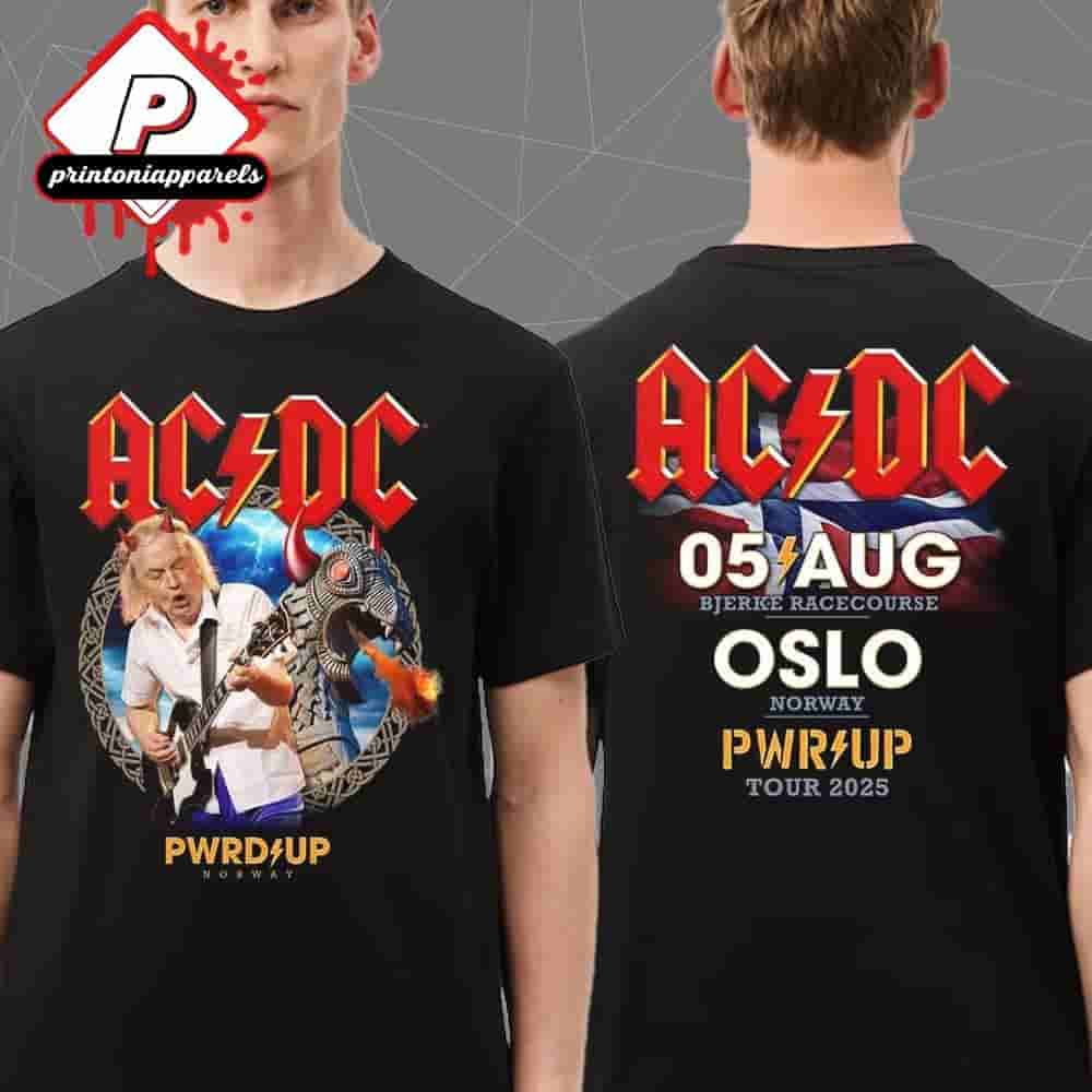 AC DC Oslo PWR UP Tour 2025 Event Tee At Bjerke Racecourse Oslo Norway On August 5th 2025 Two Sided Unisex T-Shirt AC DC Oslo PWR UP Tour 2025 Event Tee At Bjerke Racecourse Oslo Norway On August 5th 2025 Two Sided Unisex T-Shirt