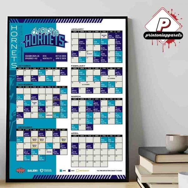 Charlotte Hornets Official 2025-2026 NBA Season Schedule Home Decor Poster Canvas