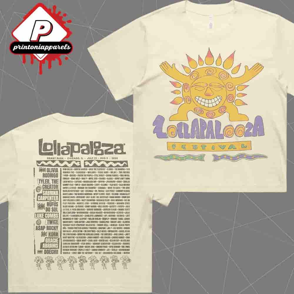 Lollapalooza Sunburst Lineup Crop Tee Merchandise Limited Two Sided Unisex T-Shirt Lollapalooza Sunburst Lineup Crop Tee Merchandise Limited Two Sided Unisex T-Shirt