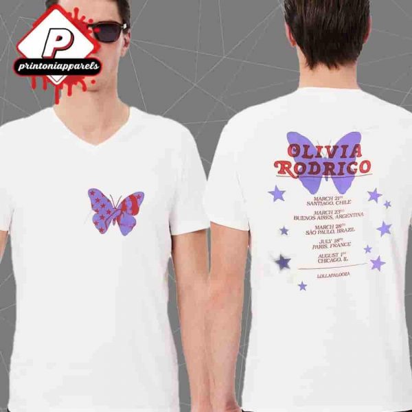 Olivia Rodrigo Butterfly Lollapalooza 2025 Exclusive White Tee Tour List Two Sided Unisex T-Shirt