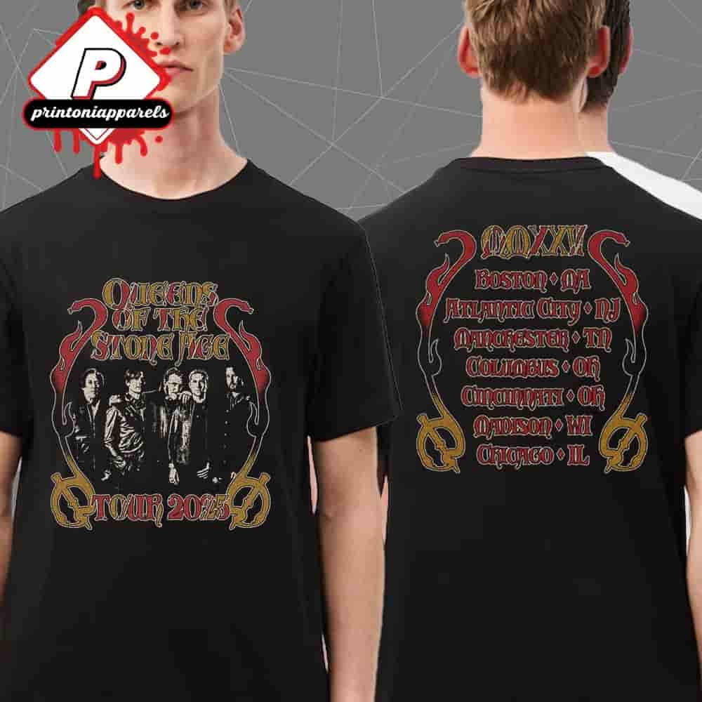 Queens Of The Stone Age Photo US Tour 2025 City List Two Sided Unisex T-Shirt Queens Of The Stone Age Photo US Tour 2025 City List Two Sided Unisex T-Shirt