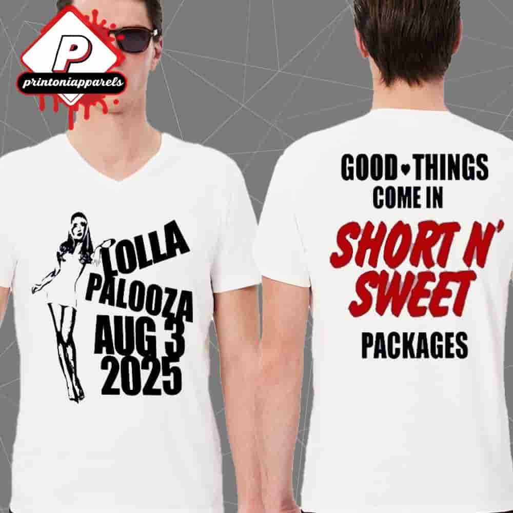 Sabrina Carpenter Lollapalooza Good Things Come In Short N Sweet On August 3rd 2025 Two Sided Unisex T-Shirt Sabrina Carpenter Lollapalooza Good Things Come In Short N Sweet On August 3rd 2025 Two Sided Unisex T-Shirt